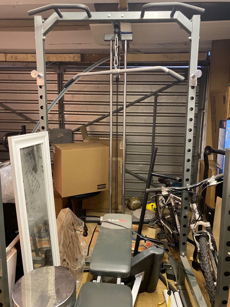 Gym Half Rack system with lat pull-down and bench