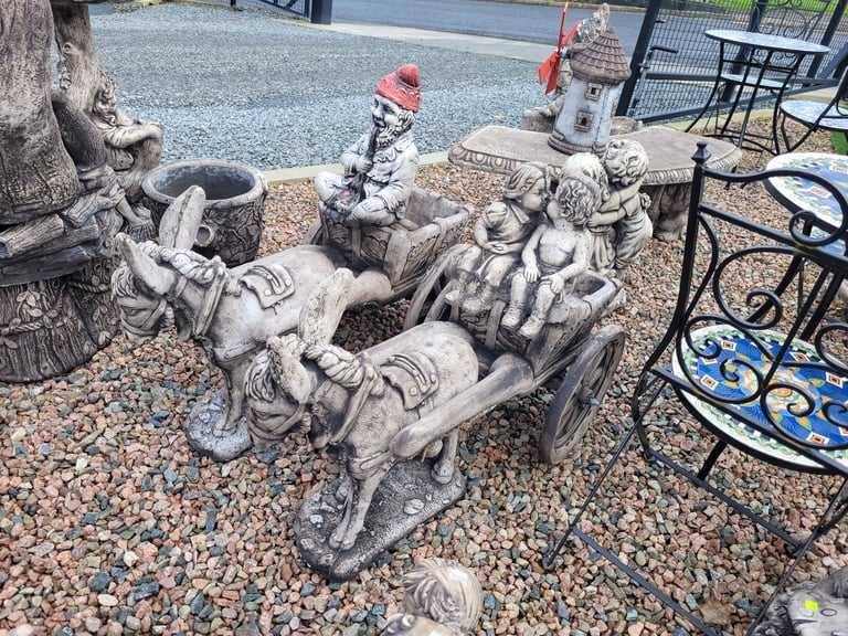 stone donkey & cart garden ornament
