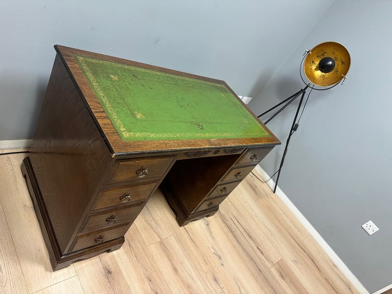 Antique Oak Bankers Desk with Green Leather Twin Pedestal Partners #28