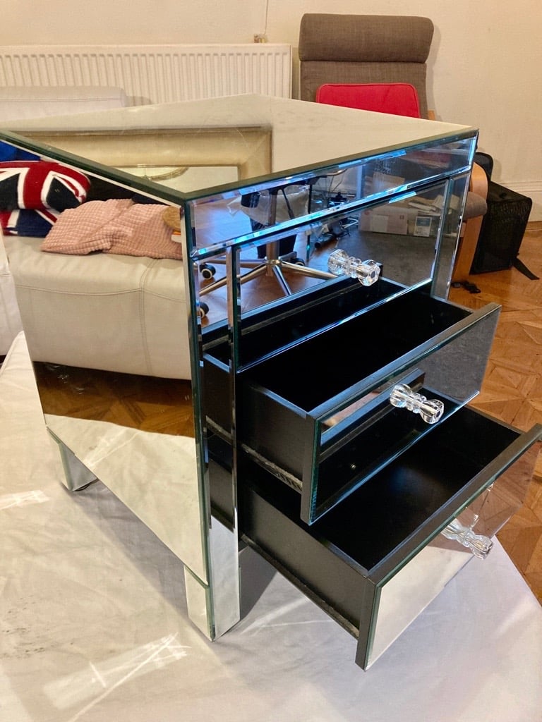 Mirrored Bedside Table with 3 Draws .
