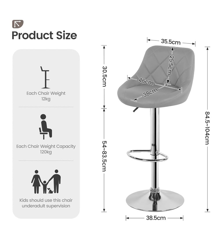 Bar Stools Set of 2, PU Leather Breakfast Kitchen Stool with Adjustable Swivel