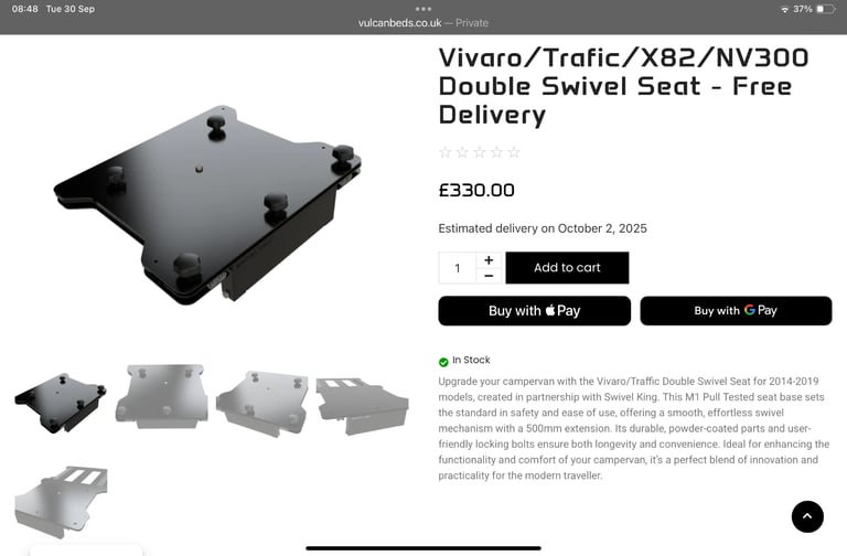 Vulcan ‘Swivel King’ double swivel seat base for campervan Traffic/Vivaro 2014-2019