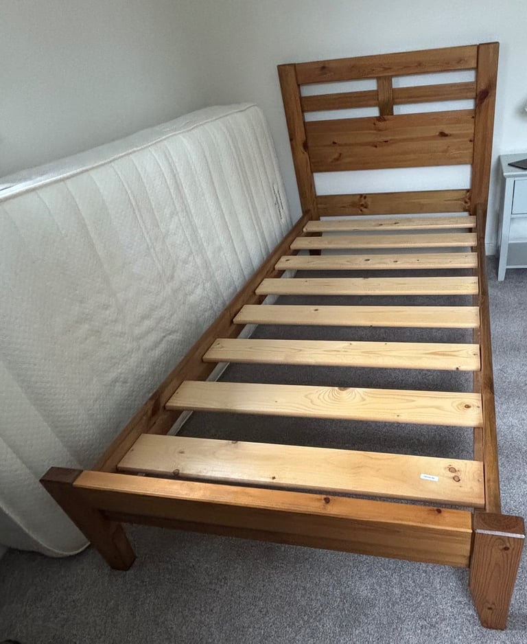 Pine bed frame with oak finish