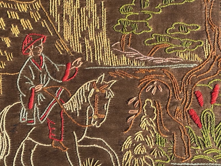 ANTIQUE FRAMED CHINESE SILK EMBROIDERY TAPESTRY PICTURE, 78x45cm - 1900s - WILL POST!