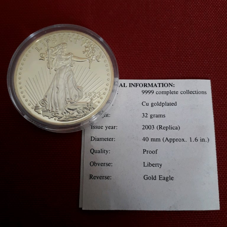Gold plated Double Eagle dollar replica medal coin