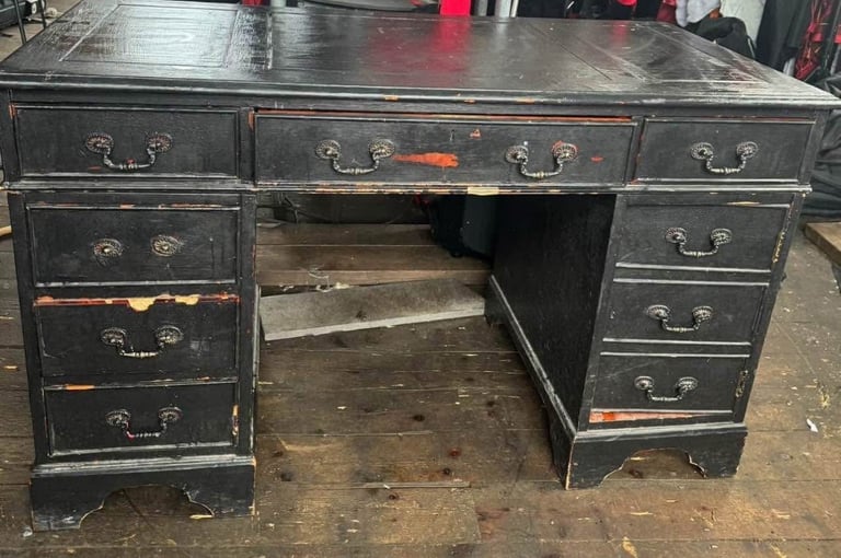 Antique vintage bankers desk brown black industrial drawers