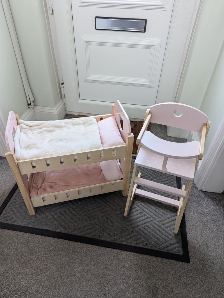 Dolls highchair bunk beds and dolls double buggy 