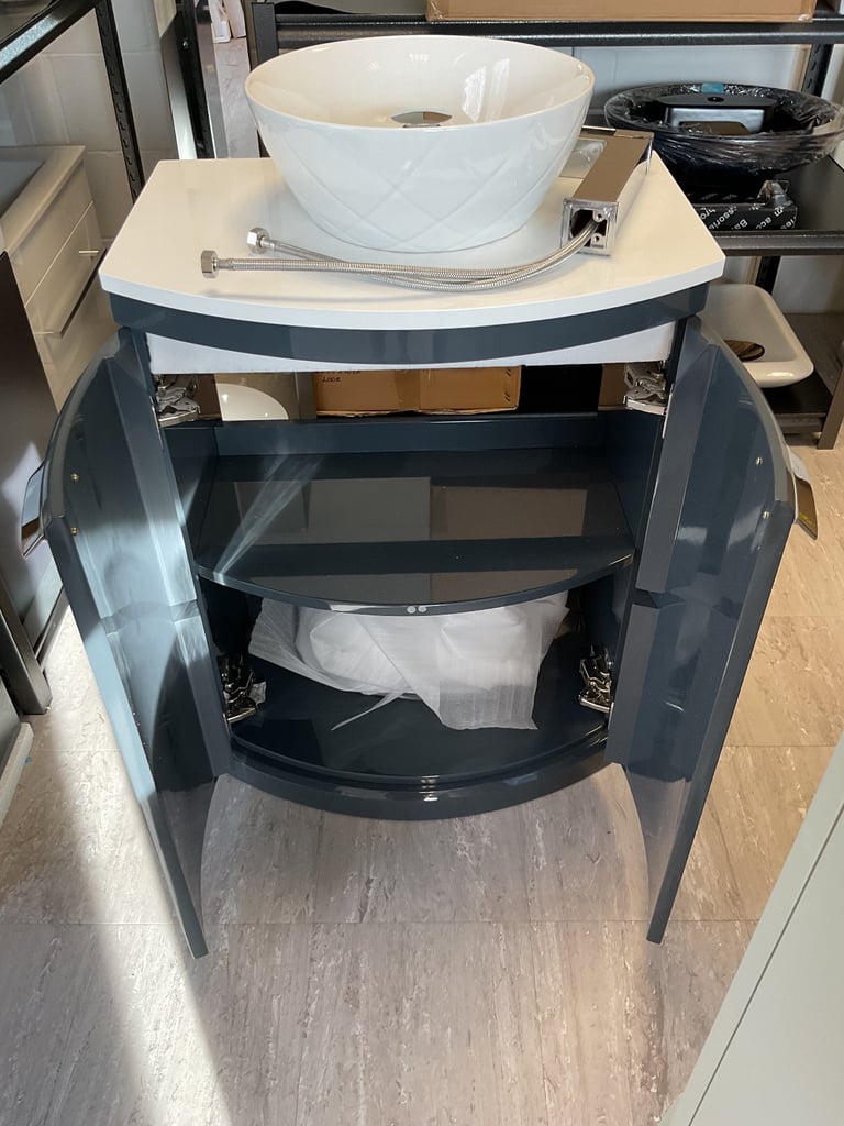 Tavistock Tempo 650mm curved vanity in Gloss dark grey, basin, mixer & waste