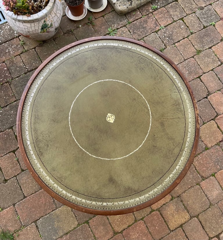 Antique Mahogany Glass Covered Leather Top Table 73cm Diameter x 45cm High