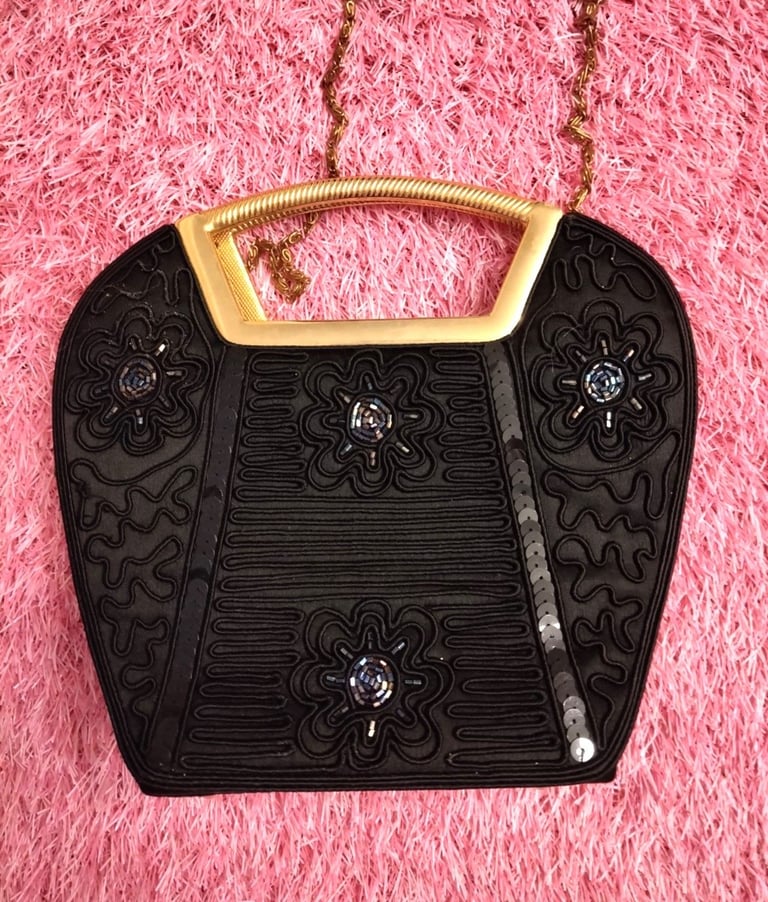 image for BRAND NEW RETRO BLACK EMBROIDERED BEADED  HAND SHOULDER BAG BNWOT