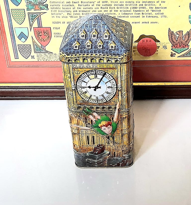 image for VINTAGE TIN MONEY BOX - PETER PAN / BIG BEN - 19 x 8 x 8 cm - GOOD