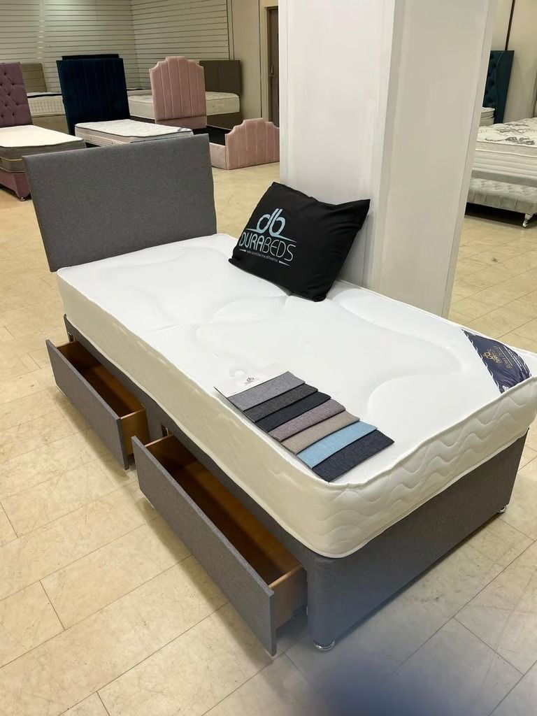 ]] Premium Fabric Bed - Single Divan Bed (3ft) With Mattress - Optional 2 Drawers Available ]]