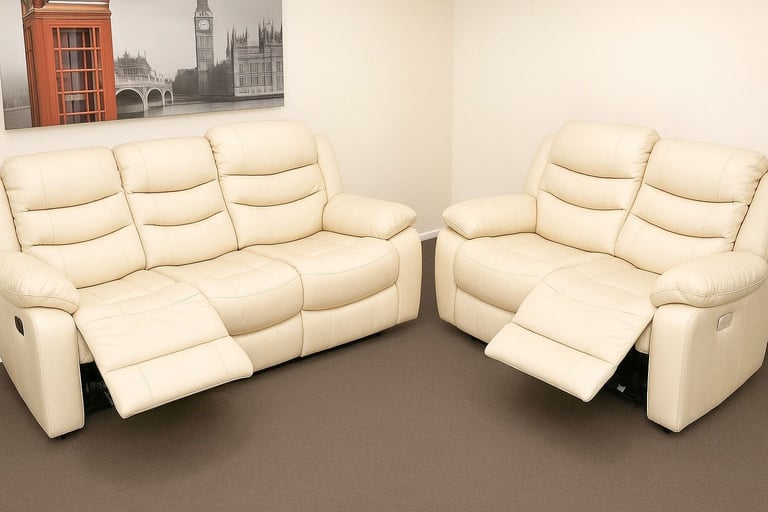 image for Roma 3+2 Seater Cream Recliner 💫 Comfortable Leather Sofa | Get ASAP Delivery **
