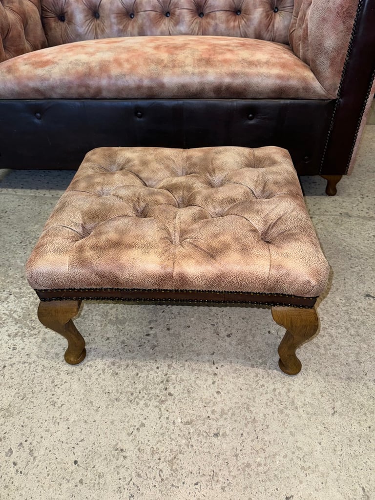 Chesterfield brown leather unique two seater sofa with footstool