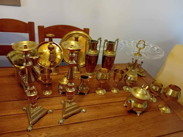 Brass candlesticks Boots Vases lots more Etc
