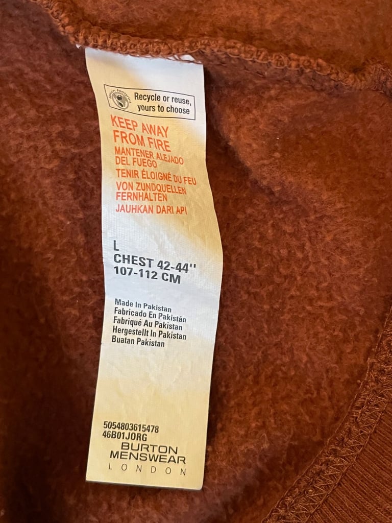 Burton Menswear terracotta fleece, zip front, large