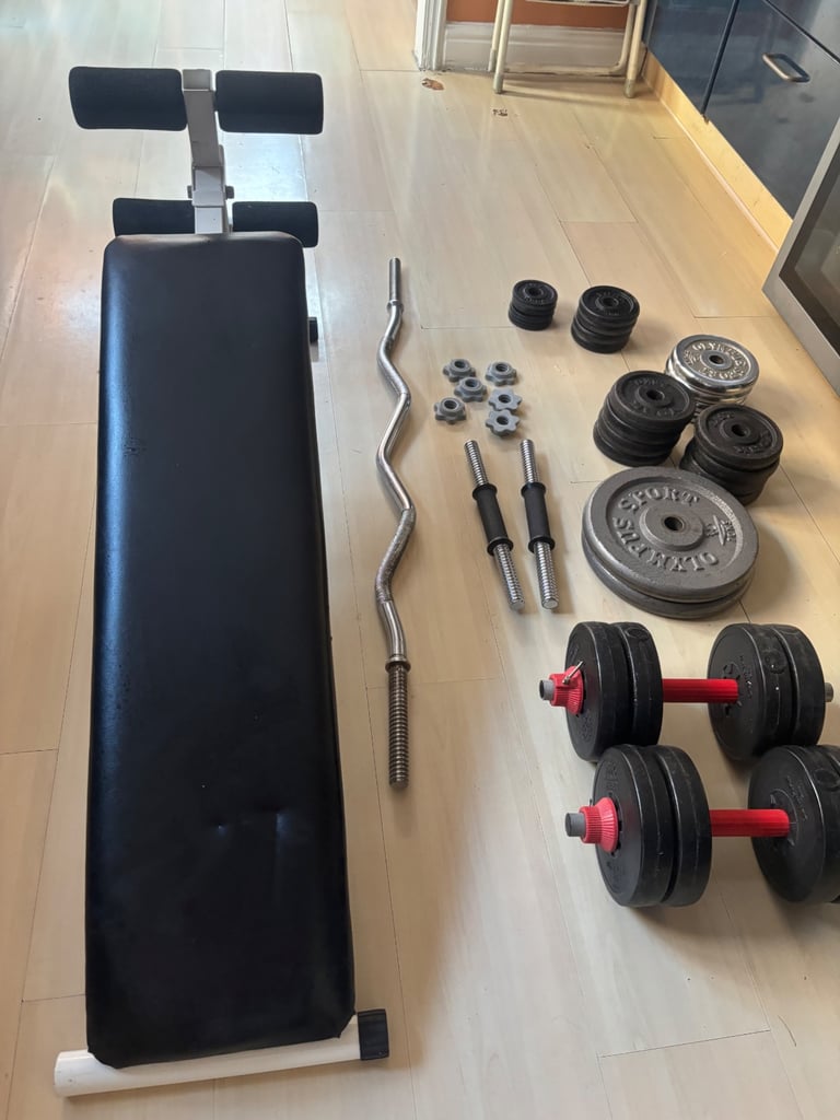 Home Gym Bundle – Bench, Weights, Dumbbells & EZ Curl Bar