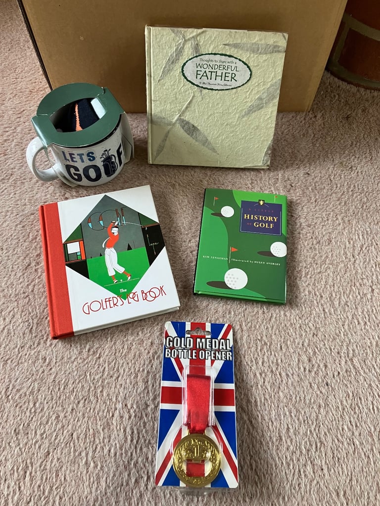 image for Golf gifts: Mug/Socks set/Gold Medal bottle opener/Golfer's Log Book/History of Golf