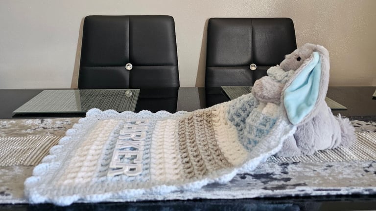 Crochet Baby Comfort Blanket, Personalised, Girls and Boys colours available