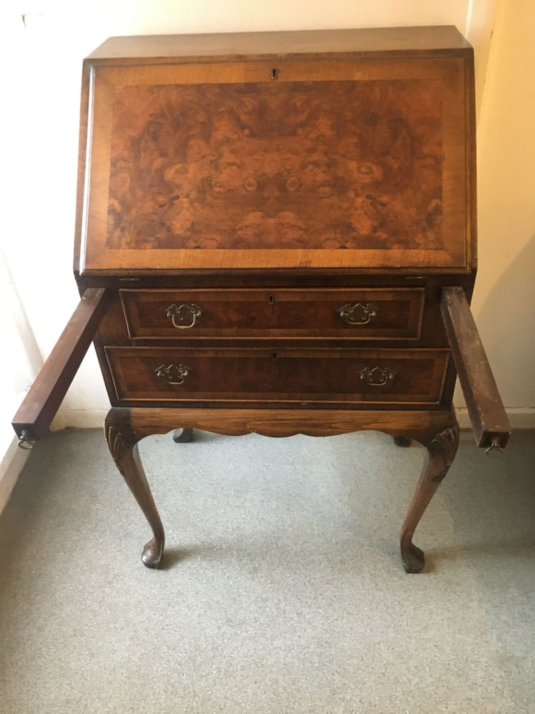 Antique Queen Anne Walnut Ladies Writing Bureau 1930's Secretaire 2 Drawers with Cabriole Supports