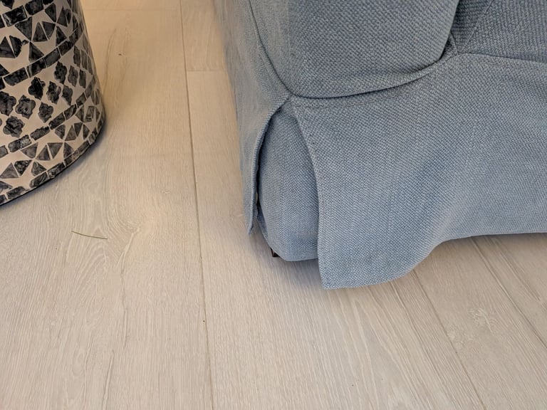 ONO..Stunning superior corner sofa, light blue quality feather filled and foam sofa