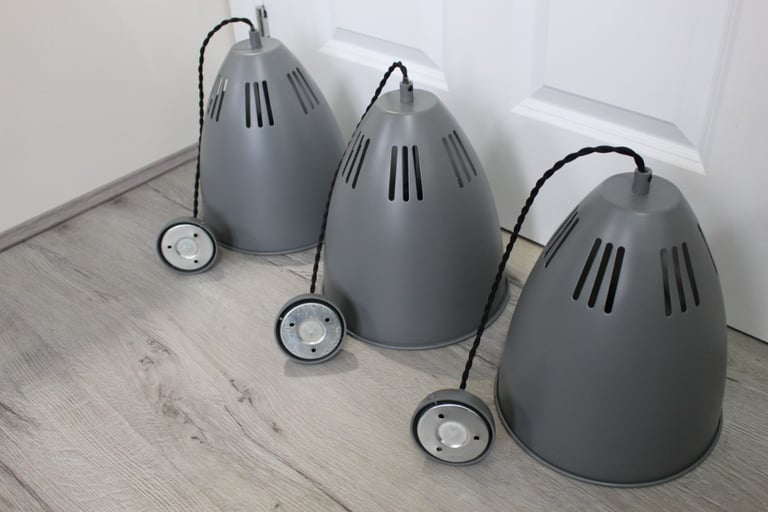 Grey White Metal Medium Cone Shaped Pendant Hanging Light Twisted Flex Wire x3