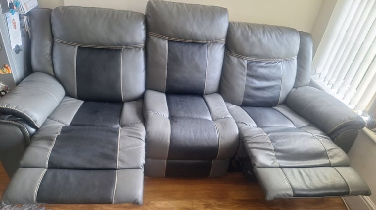 Grey and Black Leather 3 seater 2 length recliner sofa