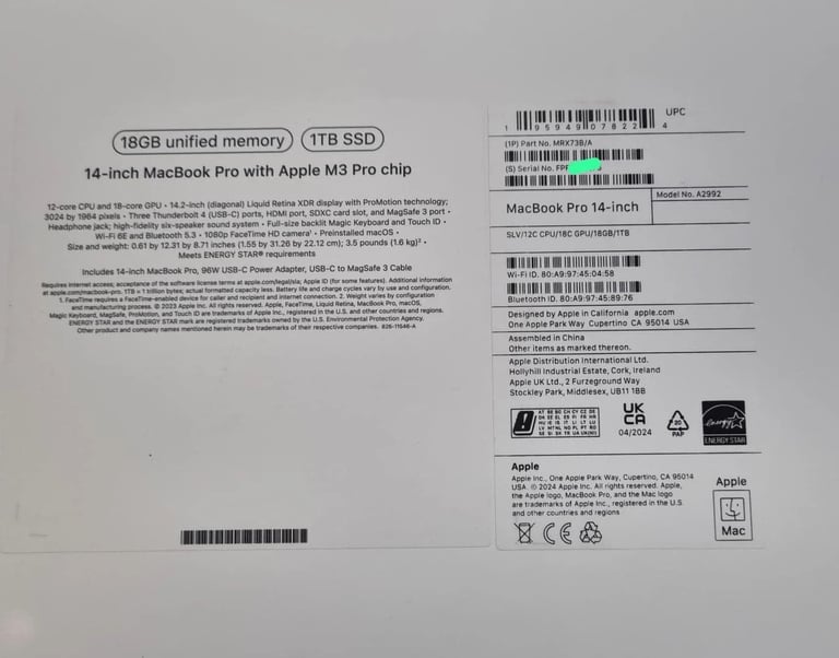 APPLE MaCBook PRO 14-Inch~ M3 Pro ~12C CPU 18C GPU~18 GB~ 1TB~SILVER (BRANDNEW) RRP £1999