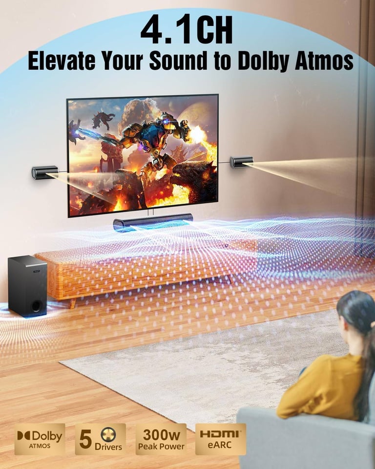 Hiwill A41 300W 4.1ch Dolby Atmos Soundbar + 2 Front Surround + Subwoofer (Brand New)