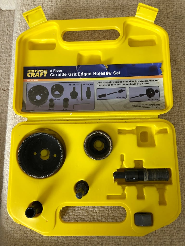 Powercraft 8 piece Carbide Grit Edged Holesaw set  In Yellow Carry Case 