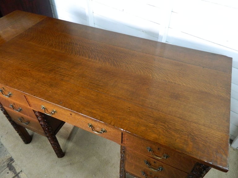Solid Oak Heavily Carved Pedestal desk