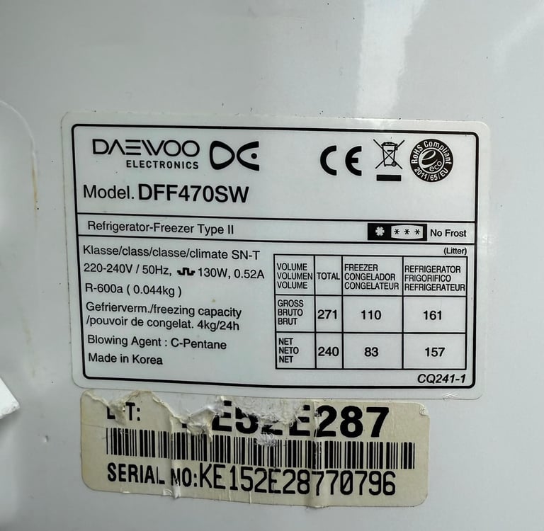 Daewoo Fridge Freezer With Free Delivery N Warranty 