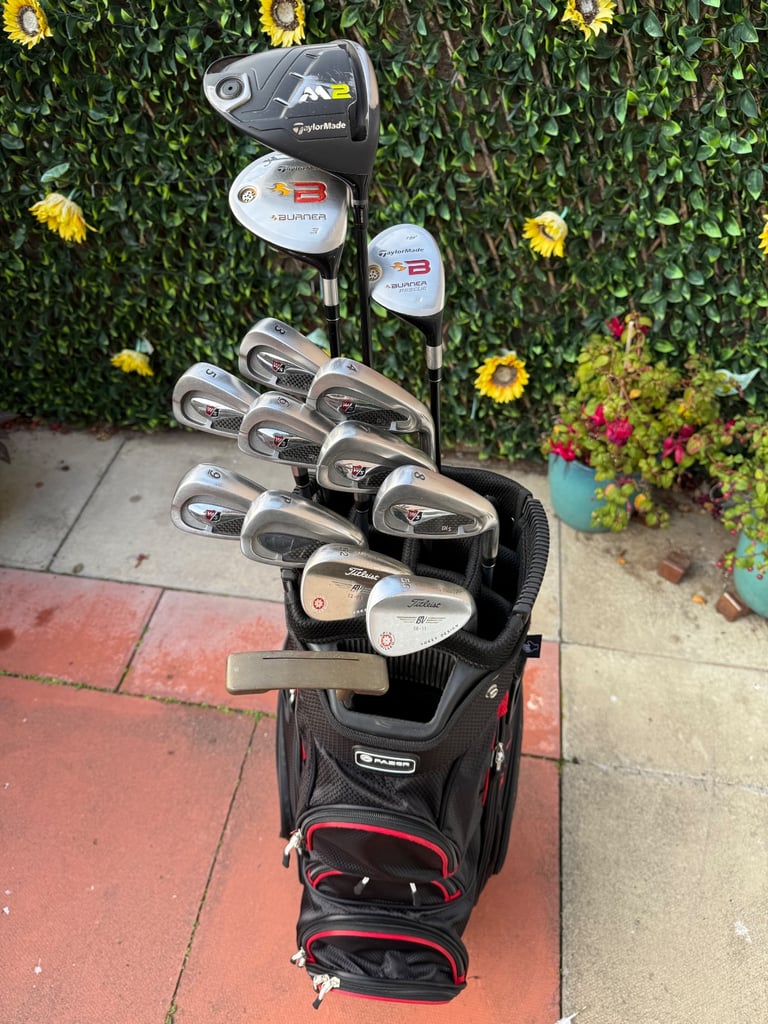 Full set of Taylor made, Wilson, Ping graphite shafted golf clubs + fazer cart bag 