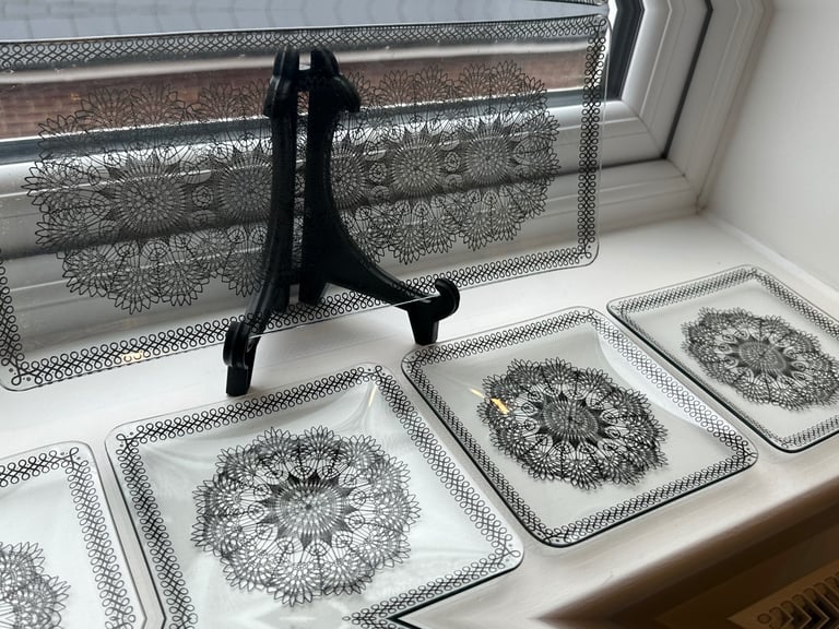 Vintage Chance Bothers Black Glass Rectangular Dish with 'Lace' Design Early 1950s