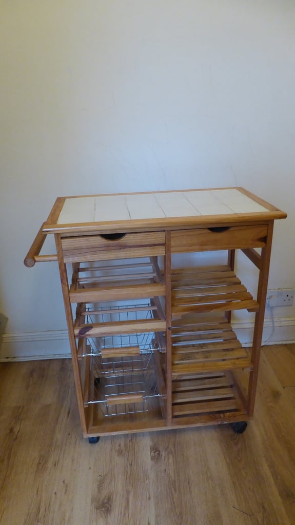 image for Wooden kitchen trolley on wheels - 5/6 tier - great storage - Tiled Worktop