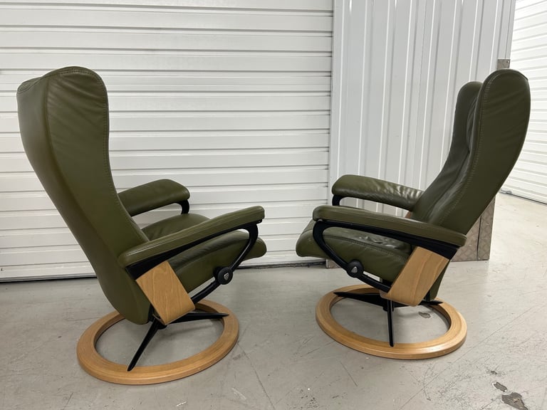 Ekornes Stressless Medium Signature Wing Dark Olive Leather Chairs & Footstool