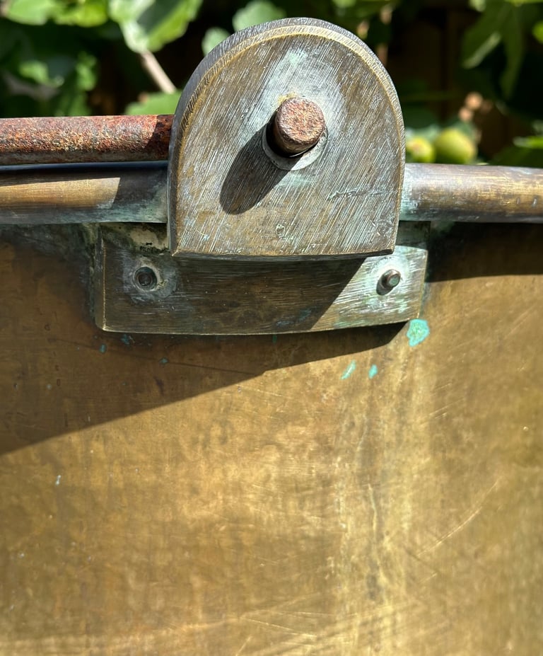 LARGE ANTIQUE FRENCH COPPER CAULDRON & STAND, LOG BUCKET, PLANTER, L58cm - 1900s - WILL POST!