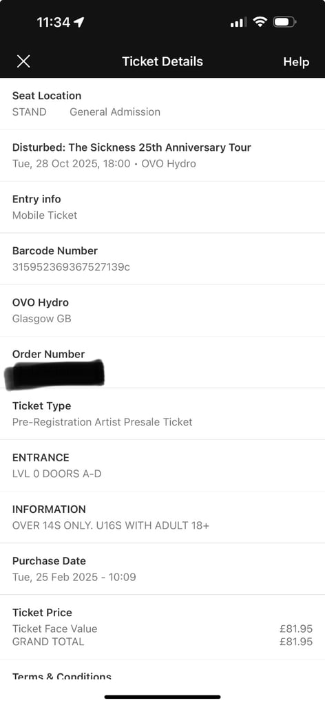 Disturbed & Megadeth - 29/10 - 2 Standing Tickets OVO Hydro