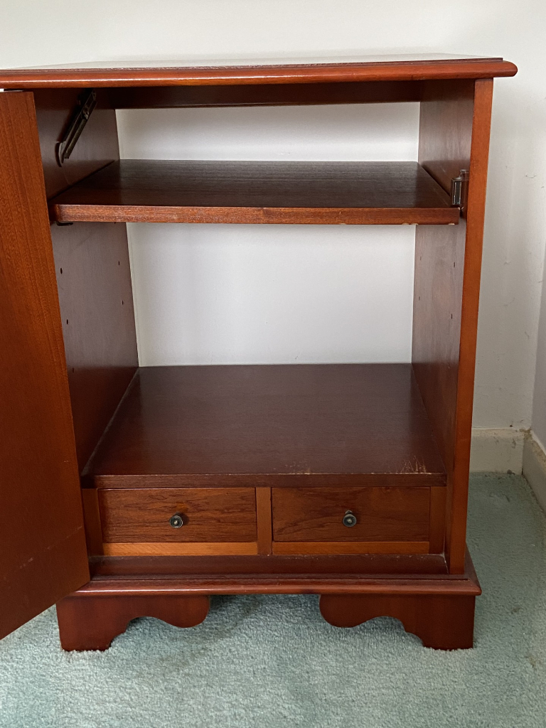 Drinks cabinet with hinged lift up lid, shelf and 2 drawers