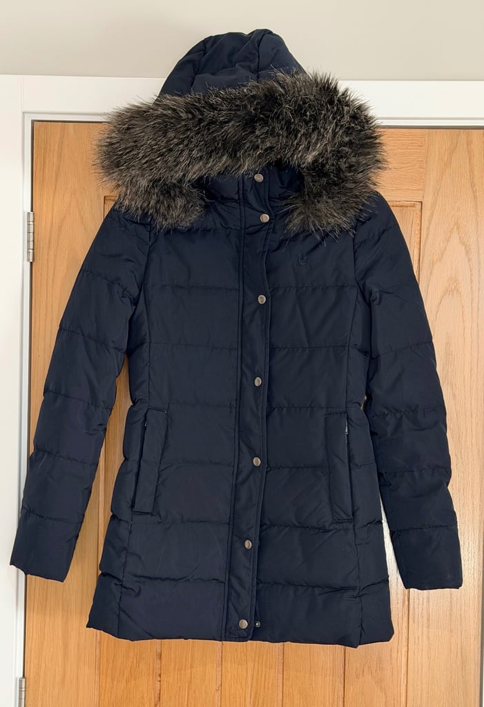 Navy 3/4 Length Coat Size 8 From Jack Wills With Detachable Hood. Down Feathers