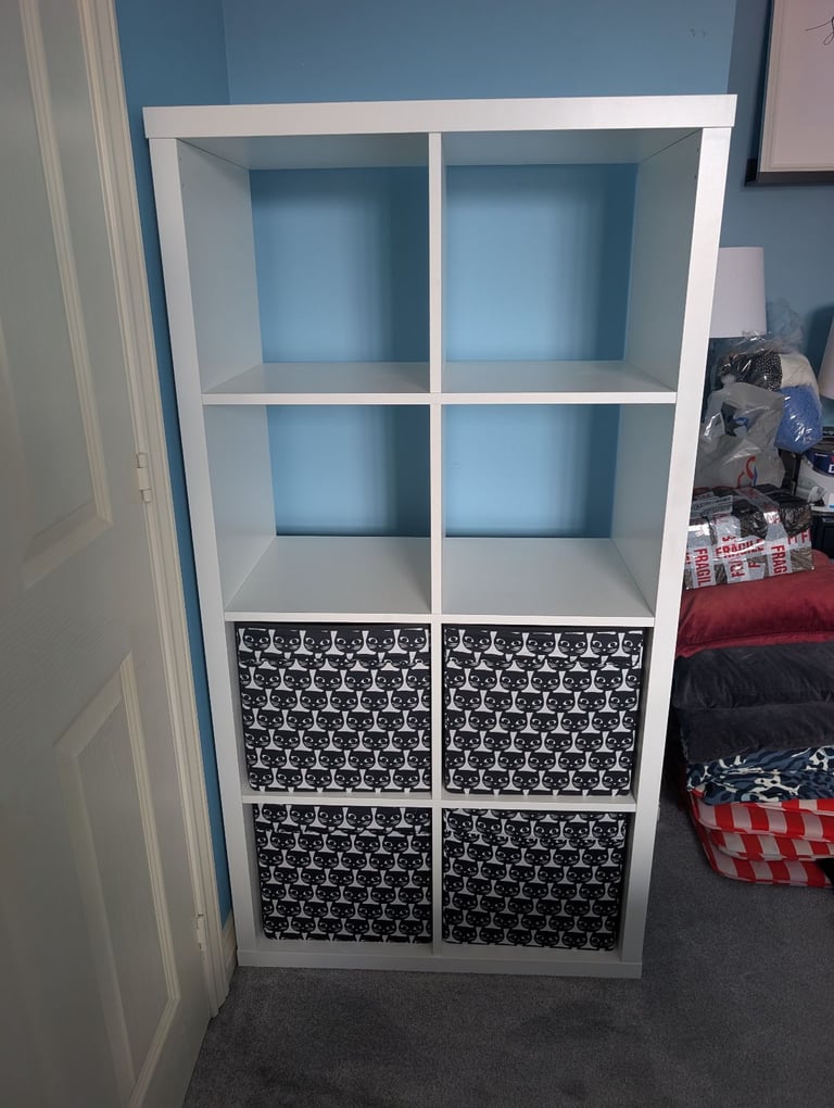 image for White IKEA Kallax 8 Cube Unit with 4x boxes