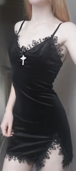 1pcs Dark Cross Black Mini Dress | Gothic Spaghetti Strap High Waist Slit Party Dress | Size M