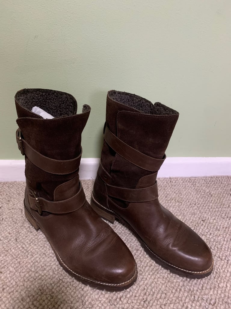 Fat Face Chocolate Brown Genuine Leather & Suede Biker Boots Size 7 / EU 40