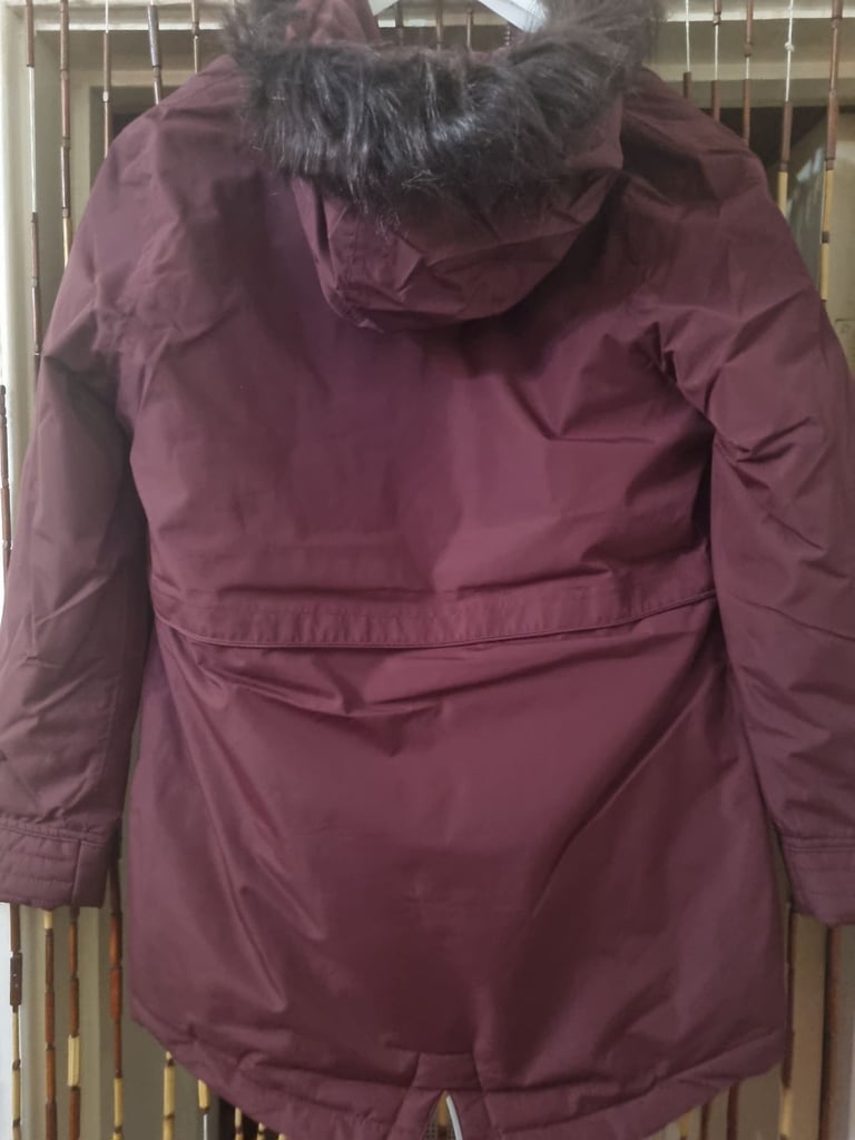 Puffer Jacket Coat Faux Fur Head Pockets And Full Zip Red