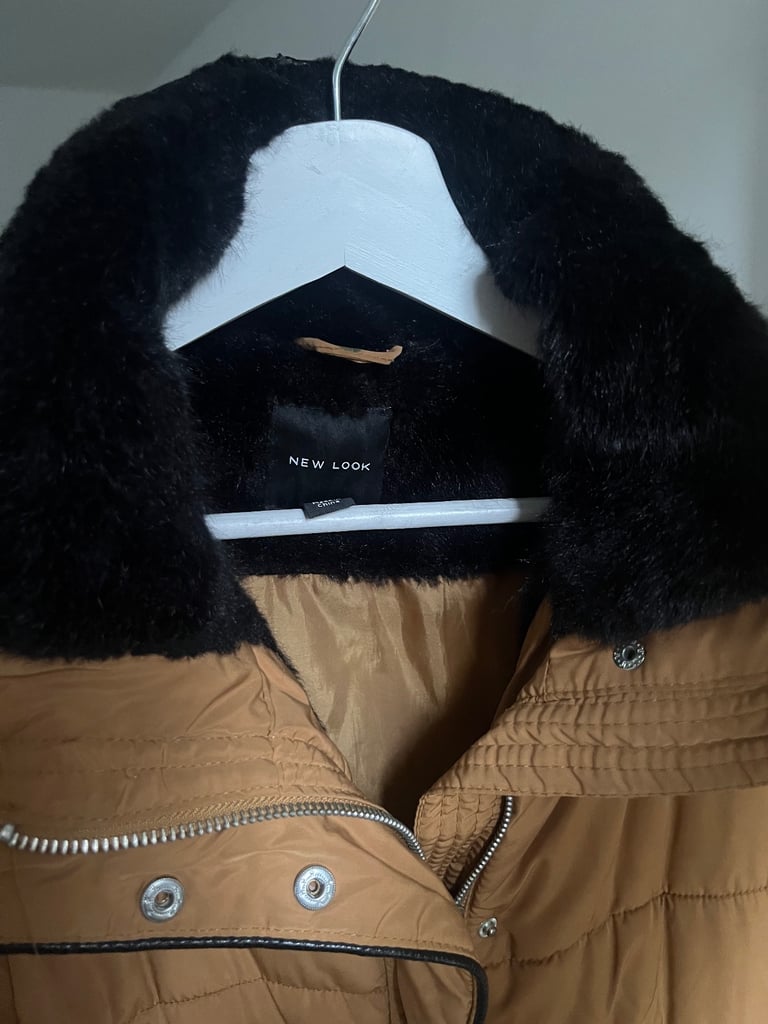 image for NEW LOOK MUSTARD PADDED COAT WITH FAUX FUR TRIM
