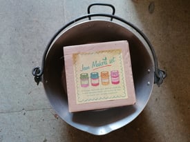 Vintage style jam making pan/jelly pot with jam jars