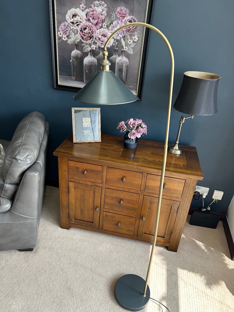 Dunelm Blue and Gold Curved Floor Lamp 
