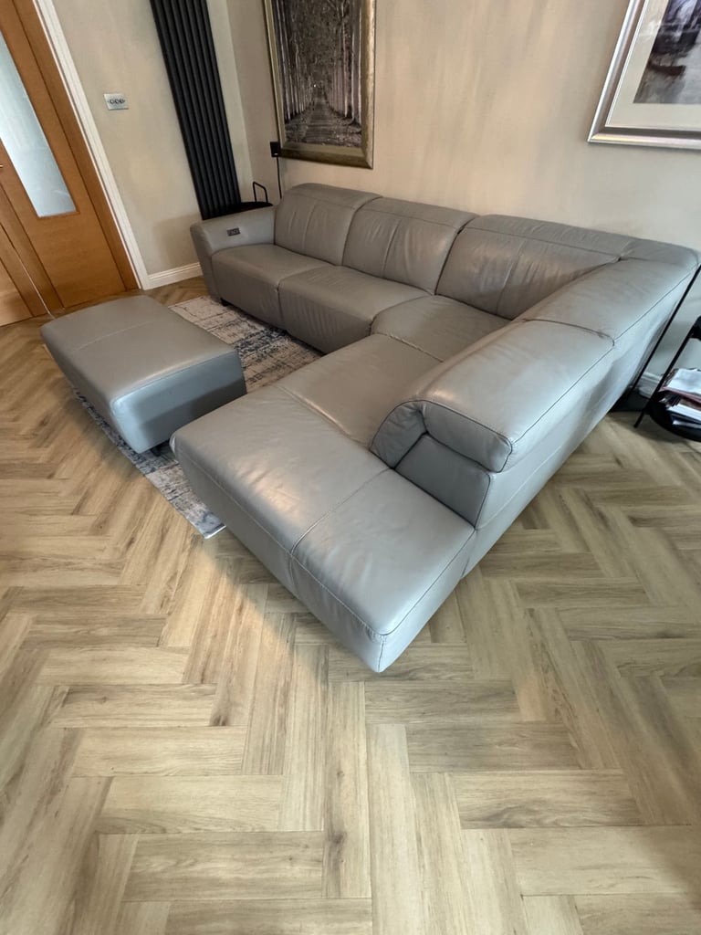 Corner sofa, light grey soft leather recliner & footstool, electrical adjustable head & leg rests