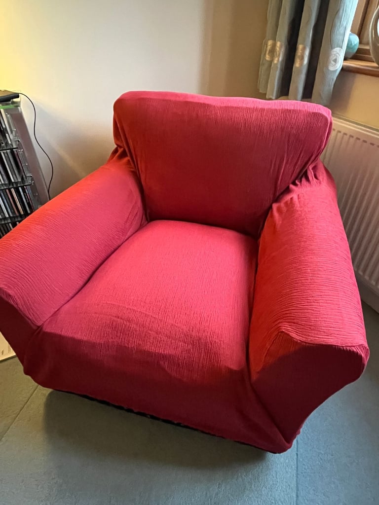 image for Set of red stretch covers for a two-seater sofa and two armchairs, used but good condition. 