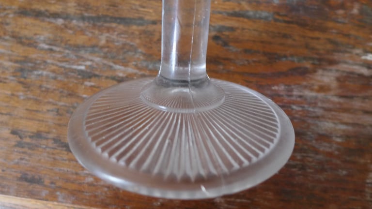 VINTAGE ANTIQUE GLASS CAKE STAND ON GLASS PEDESTAL.TASSA. SCALLOPED EDGE.